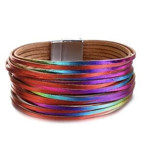 Rainbow multi layered leather bracelet magnet clasp